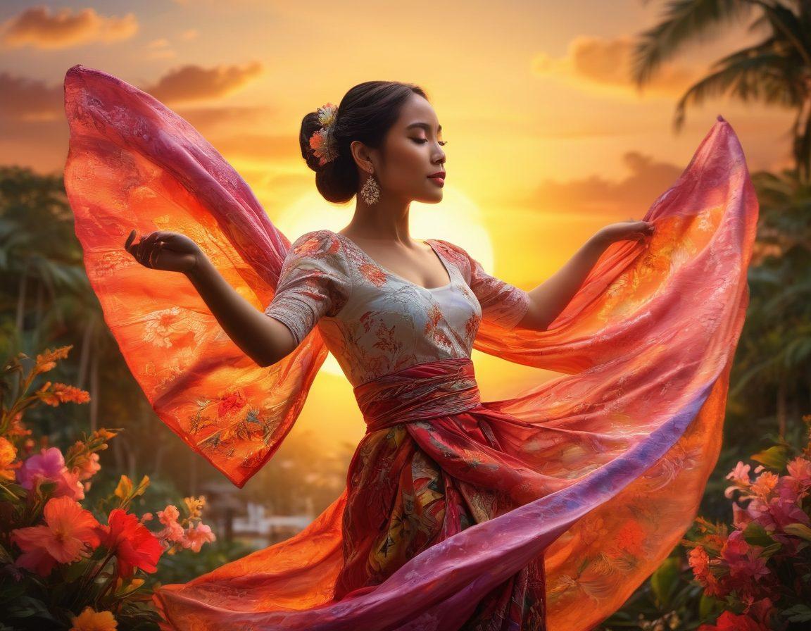 A vibrant scene depicting a Filipina woman gracefully engaged in a dance, surrounded by colorful cultural motifs representing passion and romance. Include whispers of gossip as ethereal messages floating in the air, with elements of traditional Filipino fabrics and flowers. The background should blend lush nature with subtle hints of urban life, symbolizing the balance of love and tradition. Capture a warm sunset to convey a sense of nostalgia and wisdom. super-realistic. vibrant colors. cultural essence.