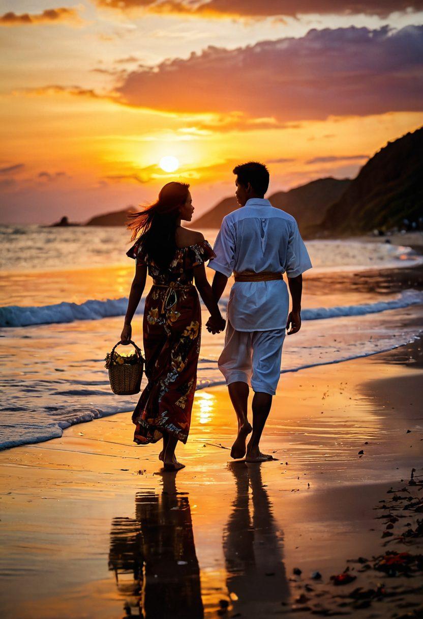 A romantic scene depicting a beautiful Filipino sunset over a serene beach, with a couple walking hand in hand, traditional Filipino attire fluttering in the breeze. Include symbolic elements such as woven baskets and native flowers, representing culture and love. The mood should be warm and inviting, evoking feelings of romance and nostalgia. super-realistic. vibrant colors. soft focus.