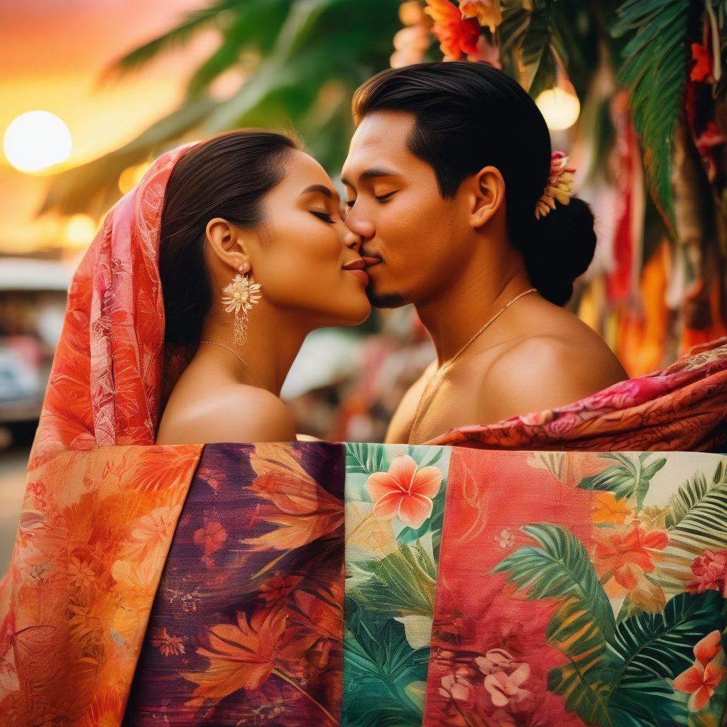A vibrant collage showcasing various elements of Filipino romance, including a couple sharing a tender moment under a tropical sunset, traditional Filipino textiles, and hints of cultural symbols like the jeepney and parol. Incorporate scenes of whispers and laughter in a bustling market, with warm, inviting color tones and soft lighting to evoke nostalgia and passion. Mix in floral accents representing Filipino love stories. hyper-realistic. vibrant colors. tropical theme.